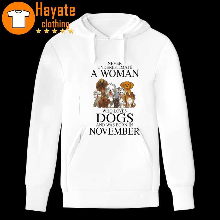 Never underestimate a Woman who loves Dogs and was born in November hoddie