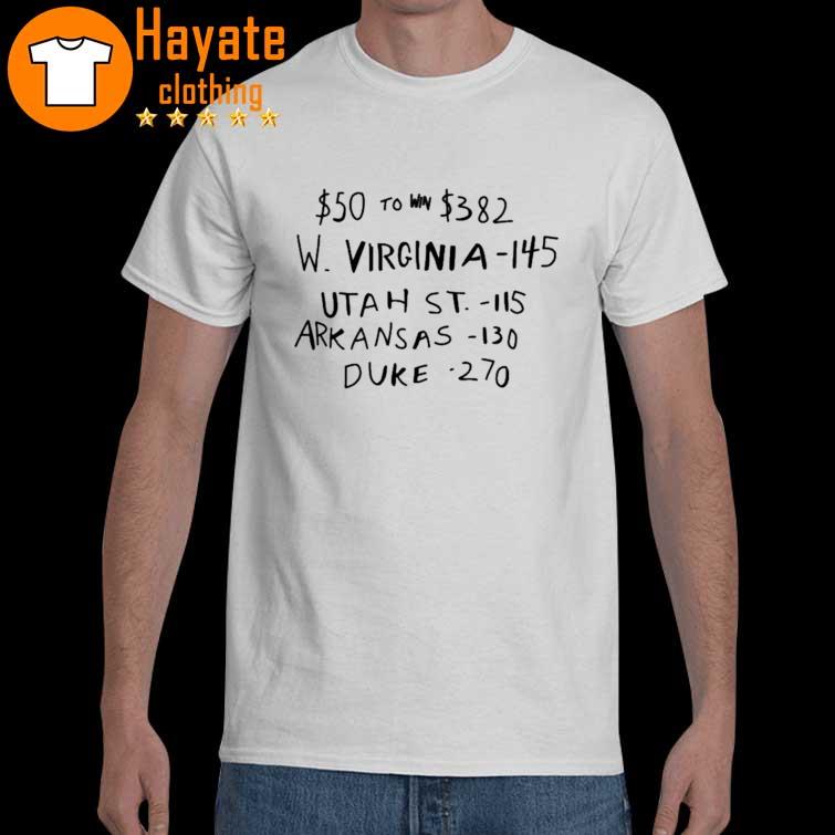 50 To Win 382 W. Virginia -145 Utah St.- 115 Arkansas-110 Duke -270 Shirt